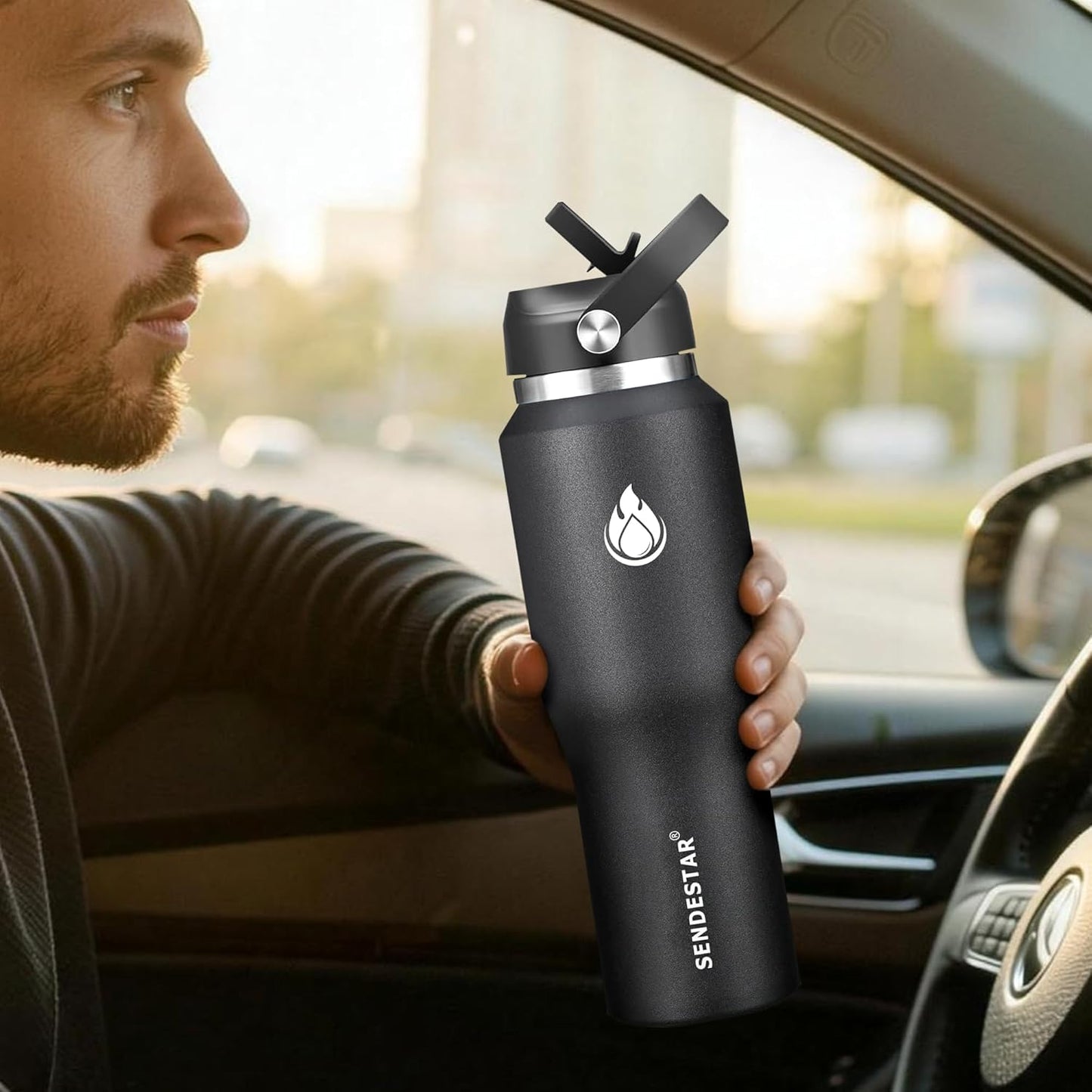 SENDESTAR 40oz Water Bottle Wide Mouth Stainless Steel Vacuum Insulated Double Wall with Straw Lids Fit in Any Car Cup Holder