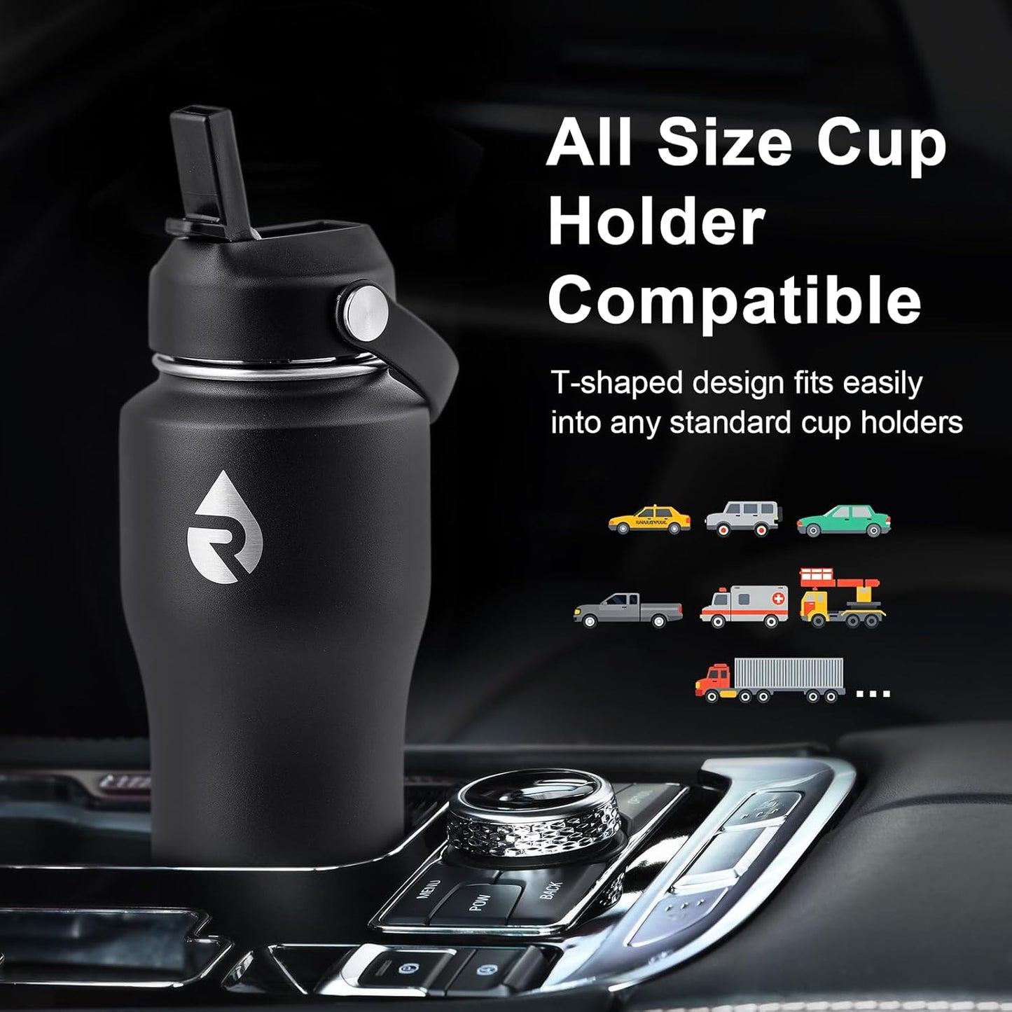 RAYMYLO 40 oz Insulated Water Bottle with Straw fit in Car Cup Holder, Triple Wall Vacuum Stainless Steel(Cold 48 hrs, Hot 24 hrs), Leakproof & Non-BPA, Hydro Travel Flask with Straw and Spout Lid