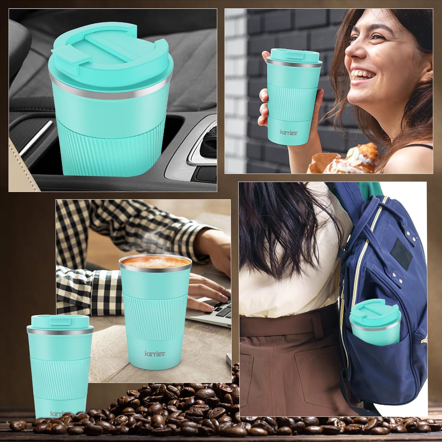 KETIEE Travel Coffee Mug Spill Proof 12oz, Insulated Travel Mug to Go, Reusable Coffee Cup with Seal Lid, Vacuum Stainless Steel Tumbler for Hot/Cold Drinks (Red)