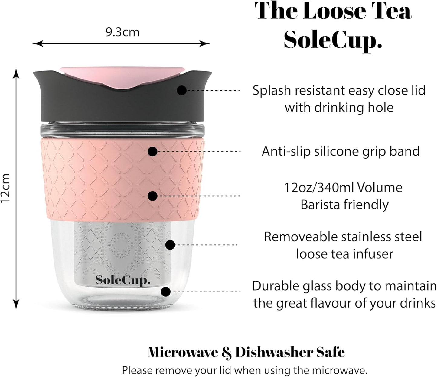 Travel Mug Loose Tea Infuser - Detachable Tea Strainer with Spillproof Lid - BPA-Free Reusable Glass Travel Coffee Cup with Silicone Band (Ice Cream, 12oz)