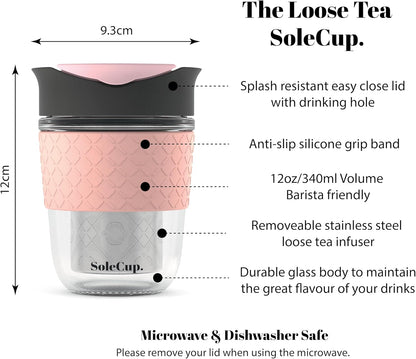 Travel Mug Loose Tea Infuser - Detachable Tea Strainer with Spillproof Lid - BPA-Free Reusable Glass Travel Coffee Cup with Silicone Band (Ice Cream, 12oz)