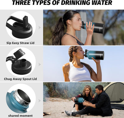 40oz Insulated Water Bottle (Cold for 48 Hrs),BPA Free&Leak Proof,Stainless Steel Water Flask,Water Jug with Straw Spout Lids for Gym,Hiking,Travel,Black Blue