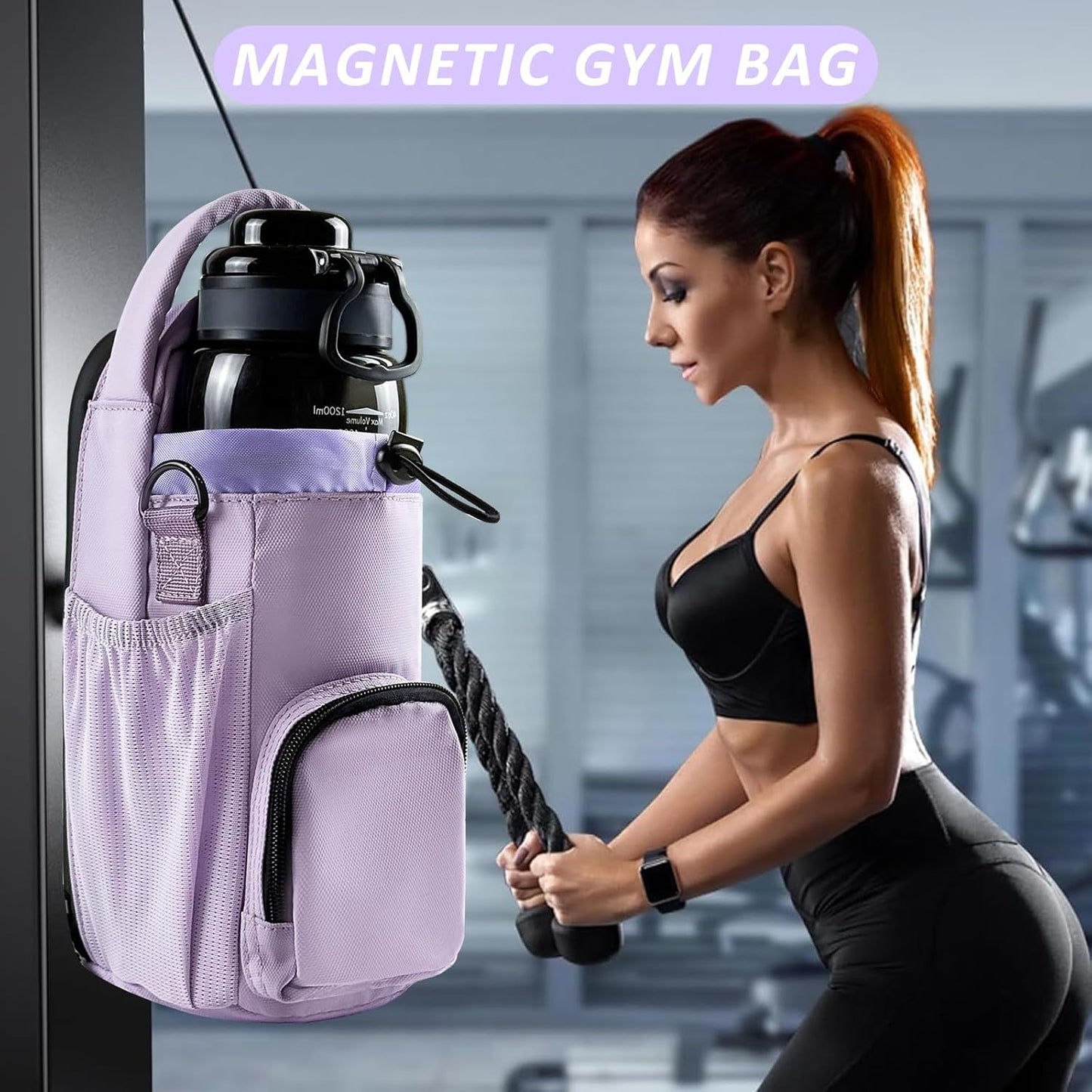 JACZZO Magnetic Gym Bag for Men and Women, Magnetic Water Bottle Holder for Gym, Small Gym Bag, Gym Gifts for Women and Men (Black, <40 OZ)