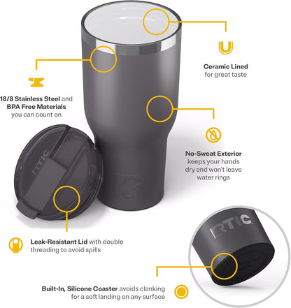 RTIC 20oz Essential Tumbler with Lid, Ceramic Lined, Insulated, Stainless Steel, Metal, Double Wall Vacuum-Insulation, Travel Cup for Iced Coffee, Tea, Hot and Cold Drink, Graphite