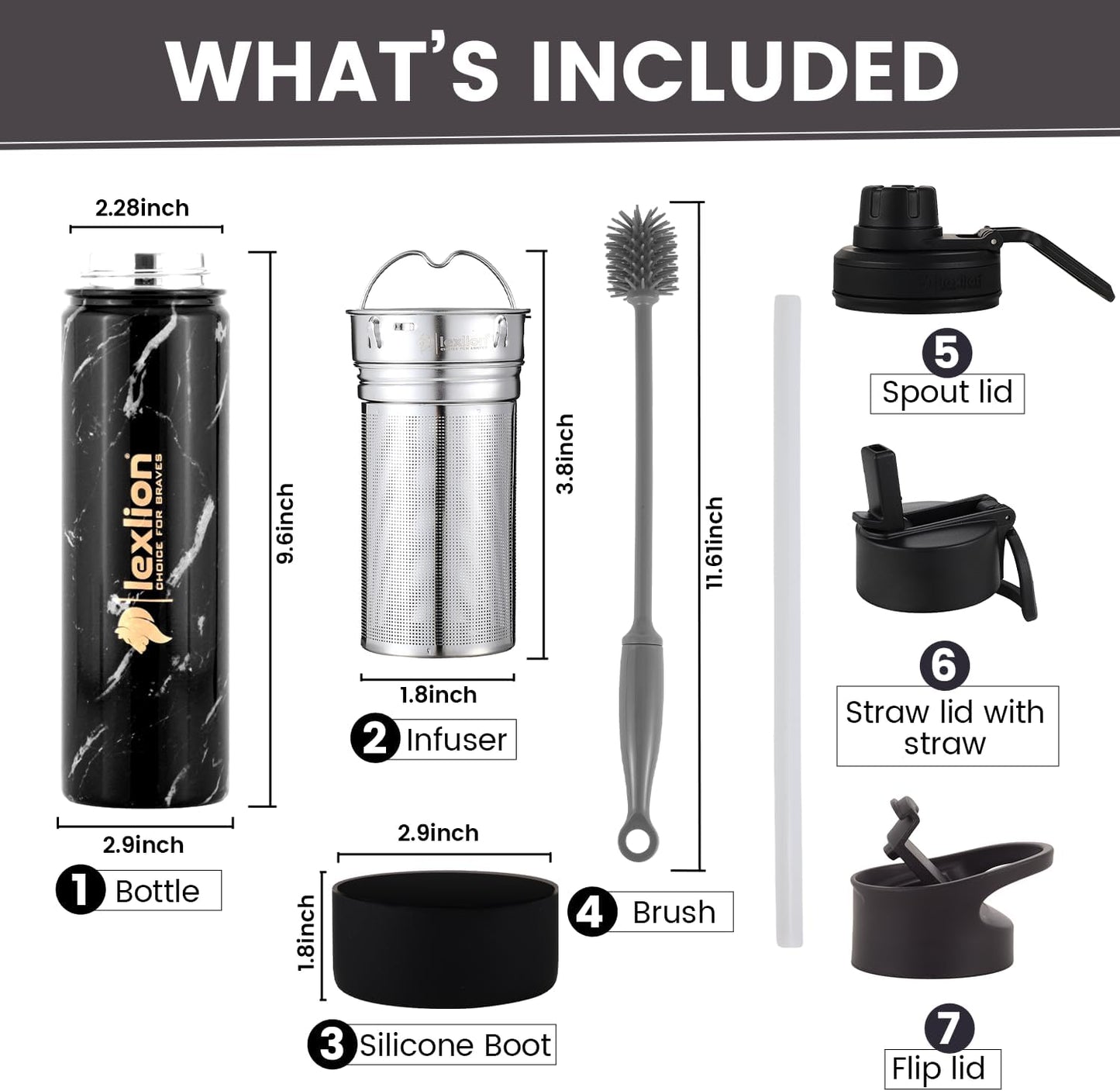 Lexlion Tea Infuser Water Bottle 32 Oz – Triple Wall Insulated Stainless Steel, Loose Leaf & Fruit Strainer, 3 Leakproof Lids, BPA-Free Silicone Sleeve, Reusable Thermal Mug