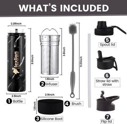 Lexlion Tea Infuser Water Bottle 32 Oz – Triple Wall Insulated Stainless Steel, Loose Leaf & Fruit Strainer, 3 Leakproof Lids, BPA-Free Silicone Sleeve, Reusable Thermal Mug