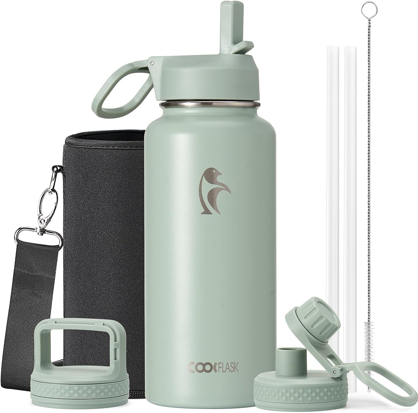 Half Gallon Water Bottle Insulated with Straw & 3 Lids, Coolflask 64 oz Water Jug Large Metal Stainless Steel Wide Mouth for Sports, Gym or Office, Non-BPA Keep Cold 48H Hot 24H, Samurai Cyan