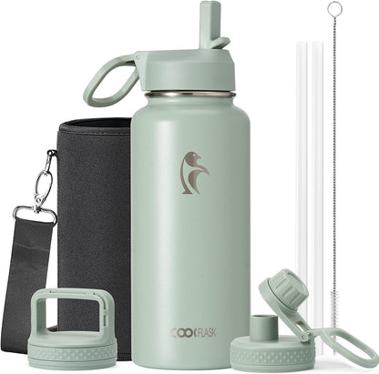 Half Gallon Water Bottle Insulated with Straw & 3 Lids, Coolflask 64 oz Water Jug Large Metal Stainless Steel Wide Mouth for Sports, Gym or Office, Non-BPA Keep Cold 48H Hot 24H, Samurai Cyan
