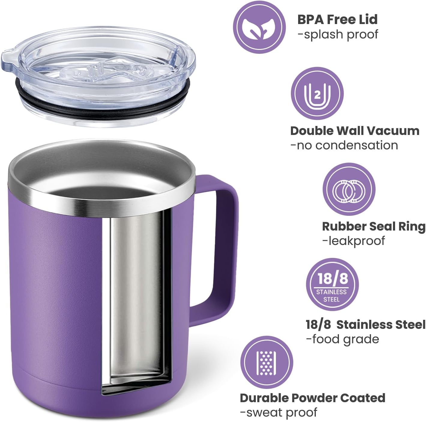 MEWAY 12oz Coffee Mug With Handle and Sliding Lid,Stainless Steel Travel Tumbler Cup with Handle,Double Wall Vacuum Insulated Camping Cup for Hot & Cold Drinks Tea (Black,Set of 1