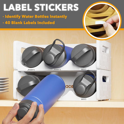 SpaceAid Bamboo Water Bottle Organizer with Labels for Kitchen and Pantry, Storage Rack for Cabinets, Home Cup and Wine Bottle Holder Shelf Organizers, 2 Pack 3-Slot, Hold 6 Bottles