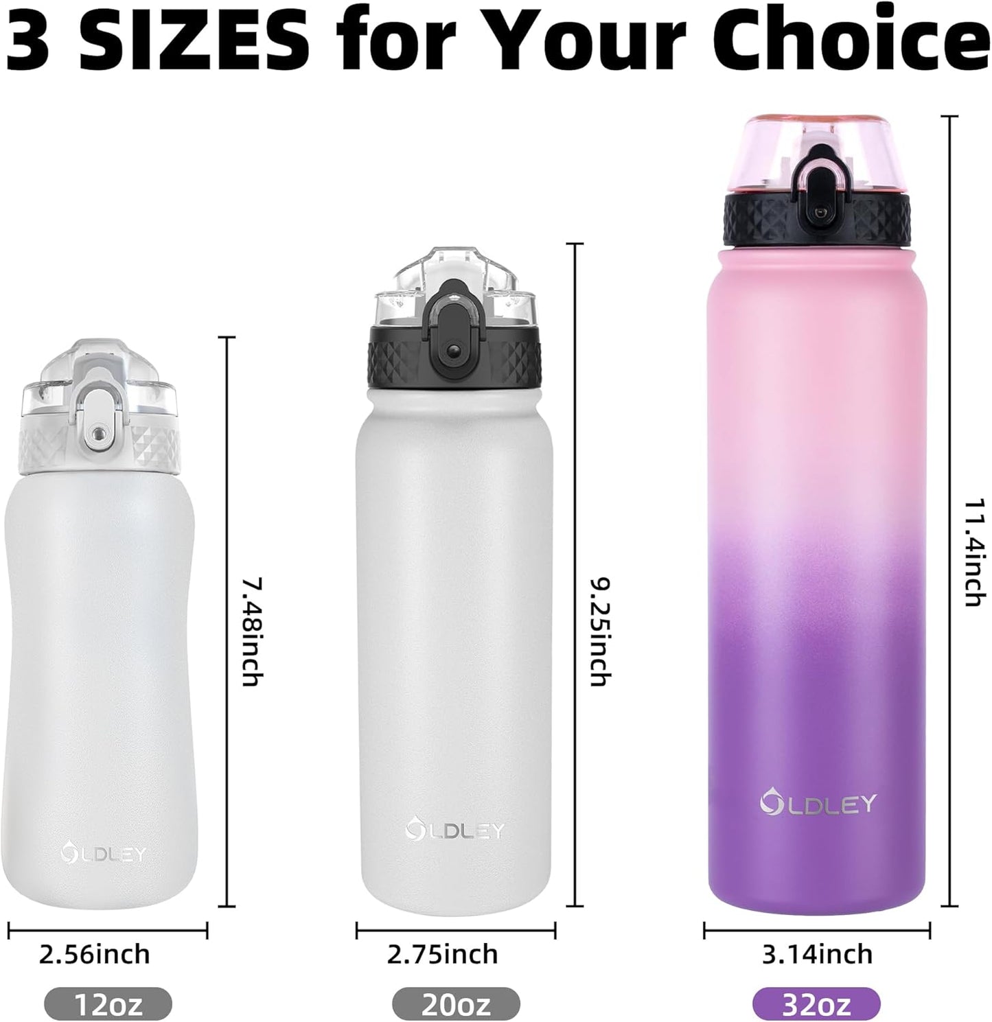 Oldley Insulated Water Bottle 20oz for Adults Kids Stainless Steel Water Bottles with Straw/Chug/Carabiner 3 Lids Fruit Strainer Double Wall Vacuum Wide Mouth BPA Free Leak-Proof for School Travel