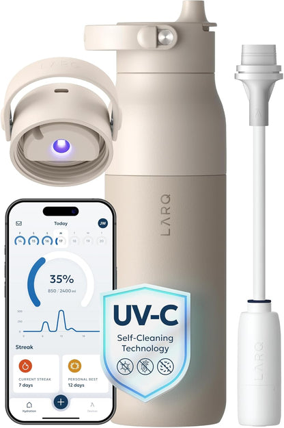 LARQ PureVis 2 Self Cleaning Water Bottle - UV Water Purifier with Filter Straw, Smart App Hydration Tracking, Insulated Stainless Steel