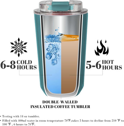 Puraville Insulated Tumblers with Lid, 14 oz Travel Coffee Mug Stainless Steel Vacuum Cup, Leak Proof Reusable Double Walled Coffee Tumbler for Iced and Hot Drinks, Cream