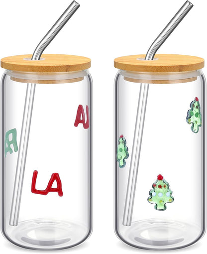 Honeydak 2 Pcs Icon Juice Glass Tumbler with Lid & Straw - 18 oz Cloud and Sun Icon Can Shape Glass Cups Coffee Juice Beer Soda Drinking Cup for Summer Halloween Christmas Party Supplies Gift
