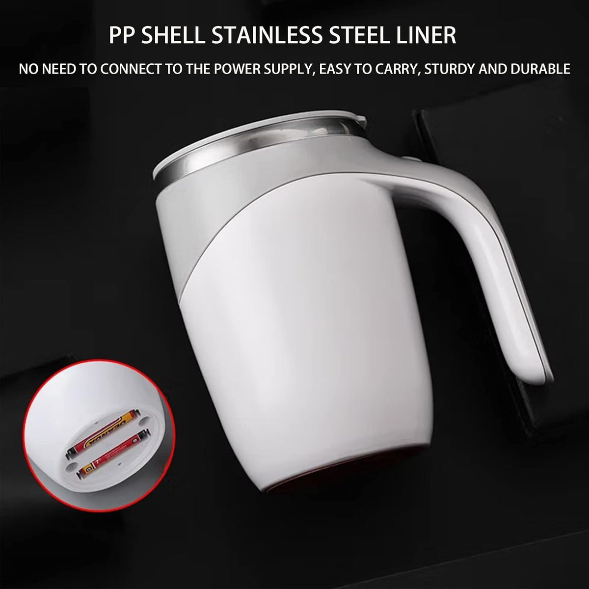 Self Stirring Coffee Mug, 304 Stainless Steel, White, 380ml | Self Stirring Mug, Battery-Powered, Portable for Coffee, Milk, Cocoa, Protein Powder