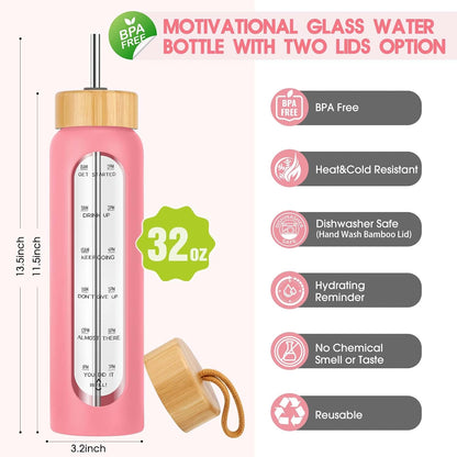 SipZest 32 oz Glass Water Bottle with Straw - Motivational Time Marker & Silicone Sleeve - Reusable Tumbler Includes 2 Bamboo Lids & Fruit Infuser - 1 Pack