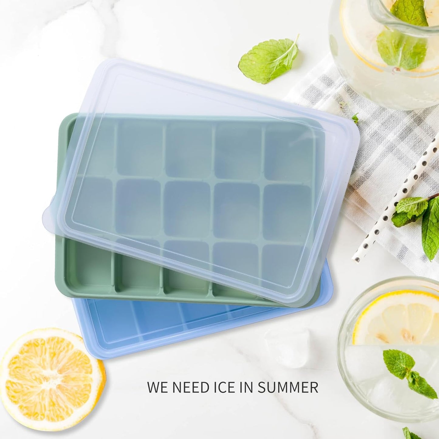 Ice Cube Trays Set of 2, Easy Release 15 Flexible Silicone Ice Cube Molds with Removable Lid Reusable Freezer Ice Trays Stackable for Whiskey, Baby Food, BPA Free (BAMBOO GREEN)