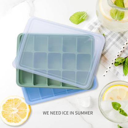 Ice Cube Trays Set of 2, Easy Release 15 Flexible Silicone Ice Cube Molds with Removable Lid Reusable Freezer Ice Trays Stackable for Whiskey, Baby Food, BPA Free (BAMBOO GREEN)