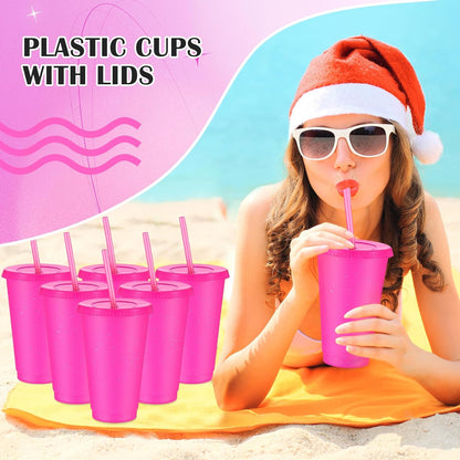 Uiifan 6 Pcs 24 oz Reusable Tumbler with Lids and Straws Plastic Iced Coffee Tumbler Glitter Travel Mug Cup for Smoothie Juices Birthday Party Cold Drink Coffee Cup Bulk for Adult Kid Women (Clear)