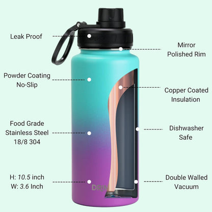 Drinco Stainless Steel Water Bottle Spout Lid Vacuum Insulated Double Wall Water Bottle Wide Mouth (40oz 32oz 22oz 18oz 14oz) Leak Proof Keep Cold Sport Camping Hiking (22 oz, 22oz Black)