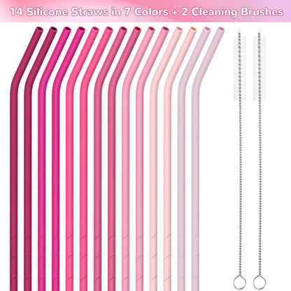 NiHome 14PCS Silicone Straws Fit for Stanley 40oz 30oz Tumbler, 14” Extra Long Reusable Drinking Straw, Flexible Can Cut Length for 1/Half Gallon 75 64 OZ Large Water Bottle - 2 Brushes (Rainbow)