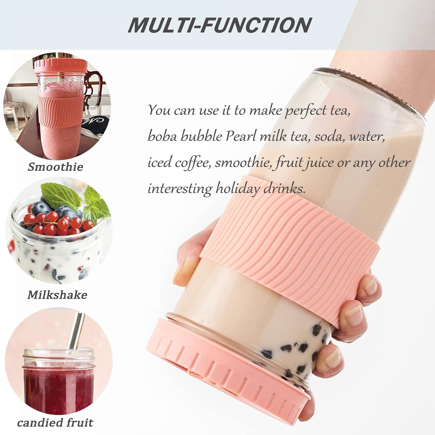 Amyoole 2 Pack Reusable Boba Cup, 24Oz Wide Mouth Smoothie Cup,mason Jar Glass Cups with Lids and Straws,Bubble/Boba Tea Cups,Ice Coffee Tumbler 2 colored straws 1 sponge brush(Pink)