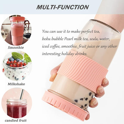Amyoole 2 Pack Reusable Boba Cup, 24Oz Wide Mouth Smoothie Cup,mason Jar Glass Cups with Lids and Straws,Bubble/Boba Tea Cups,Ice Coffee Tumbler 2 colored straws 1 sponge brush(Pink)