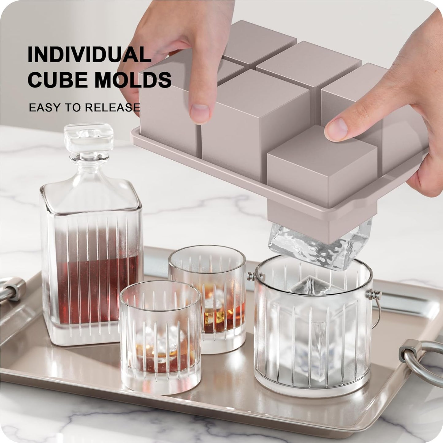 VLM 3 Packs Large Ice Cube Molds with Stackable Lid,Silicone Ice Cube Tray for Freezer,Big Square Ice Tray for Whiskey,Cocktails,Bourbon and Soups (Neutral)