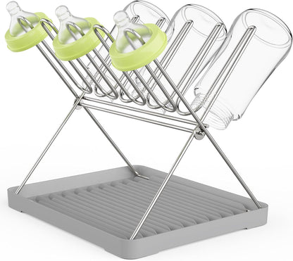Bottle Drying Rack, Stainless Steel Foldable Water Bottle Drying Rack Organizer with Drain Tray for Baby Bottles, Cups, Mugs and Glass, Baby Bottles Dryer Countertop, Stainless Steel