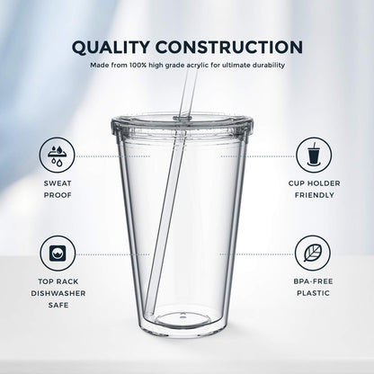 Maars Classic Clear Tumbler with Lid and Straw | 16oz Premium Acrylic, Insulated Double Wall Plastic Reusable Cups, BPA-Free To Go Cups for Ice Coffee, Fruit Teas & Water