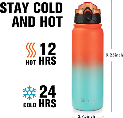 Oldley Insulated Water Bottle 20oz for Adults Kids Stainless Steel Water Bottles with Straw/Chug/Carabiner 3 Lids Fruit Strainer Double Wall Vacuum Wide Mouth BPA Free Leak-Proof for School Travel