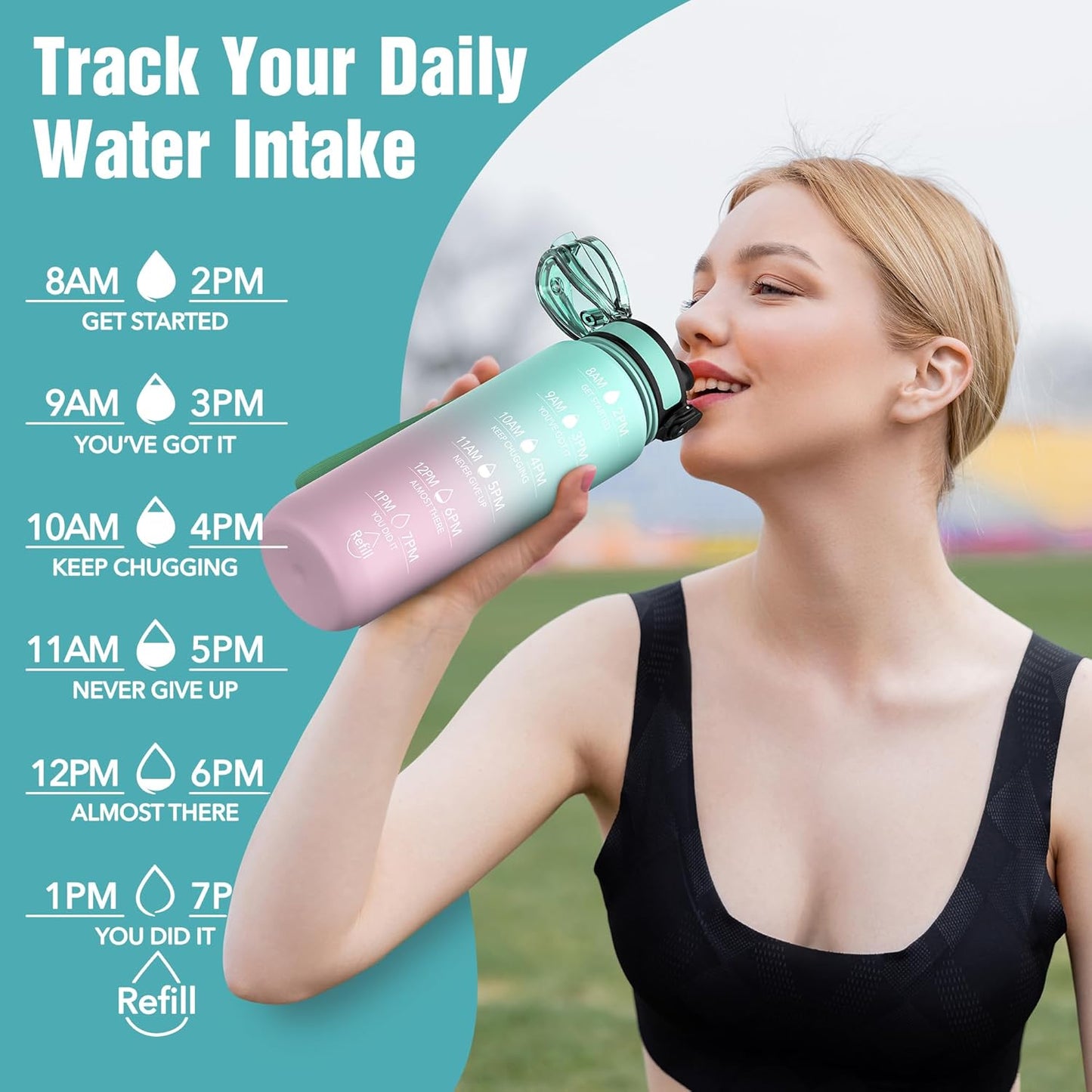OLDLEY Water Bottle, 32oz Motivational Sports Water Bottle with Time Marker - Times to Drink - Tritan, BPA Free, Wide Mouth Leakproof, Clear (1 Bottle)