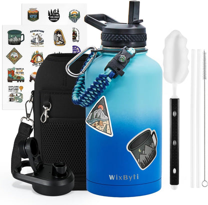 WixByti 40 oz Insulated Water Bottle with Straw (Cold for 36 Hrs), Stainless Steel Triple Wall Vacuum Sports Water Jug, Leakproof Hydro Cup Flask with Paracord Handle & Straw Spout Lids & DIY Stickers