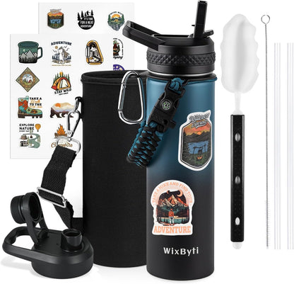 WixByti 40 oz Insulated Water Bottle with Straw (Cold for 36 Hrs), Stainless Steel Triple Wall Vacuum Sports Water Jug, Leakproof Hydro Cup Flask with Paracord Handle & Straw Spout Lids & DIY Stickers