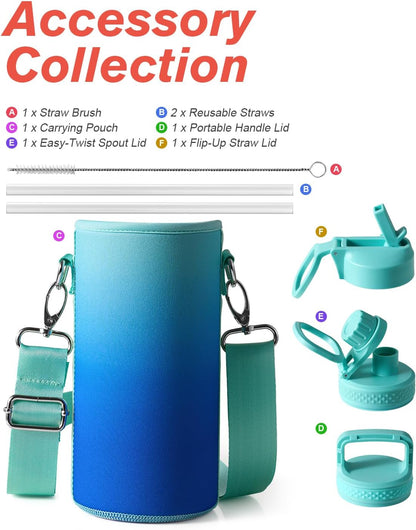 Half Gallon Water Bottle Insulated with Straw & 3 Lids, Coolflask 64 oz Water Jug Large Metal Stainless Steel Wide Mouth for Sports, Gym or Office, Non-BPA Keep Cold 48H Hot 24H, Samurai Cyan