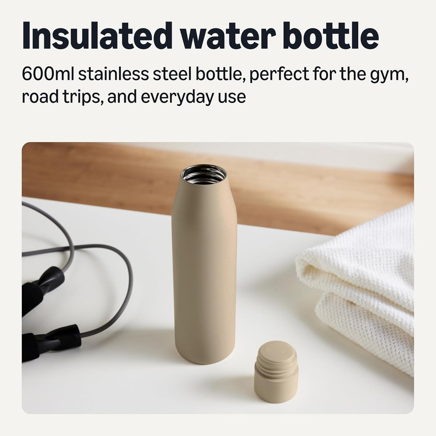 Amazon Basics Insulated Stainless Steel Water Bottle, Leak-Proof, Double-Wall, 20 oz., BPA-Free, Linen Gray