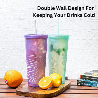 bzyoo SIP 24oz (710ml) Double Wall Plastic Tumbler with Lid and Straw Cold Drink Travel Mug Reusable Party Cup Perfect for Office Ice Coffee or Tea and Gift Color: Pink & Purple
