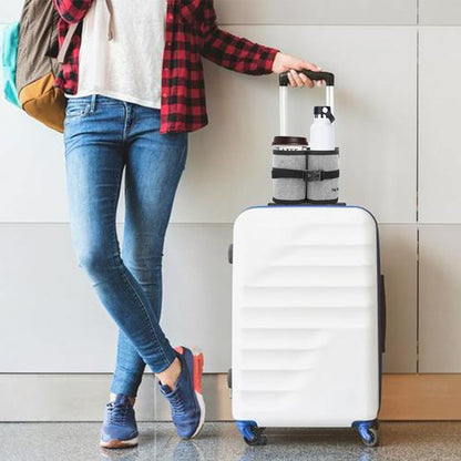 Perilogics Luggage Travel Cup Holder Hands Free Drink Caddy for Suitcase Handle. Perfect Airplane Travel Essential Accessory Gift for Frequent Traveler, Flight Attendant or with Children (Dark Gray)