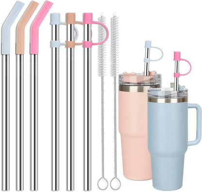 Jetstop 6 Straws with Cover for Stanley Tumbler, Reusable Stainless Steel Straws with Silicone Stoppers, Perfect for Stanley 40 oz Accessories (12 Inch 3 Straight and 3 Bent Straws Fit 40 oz)
