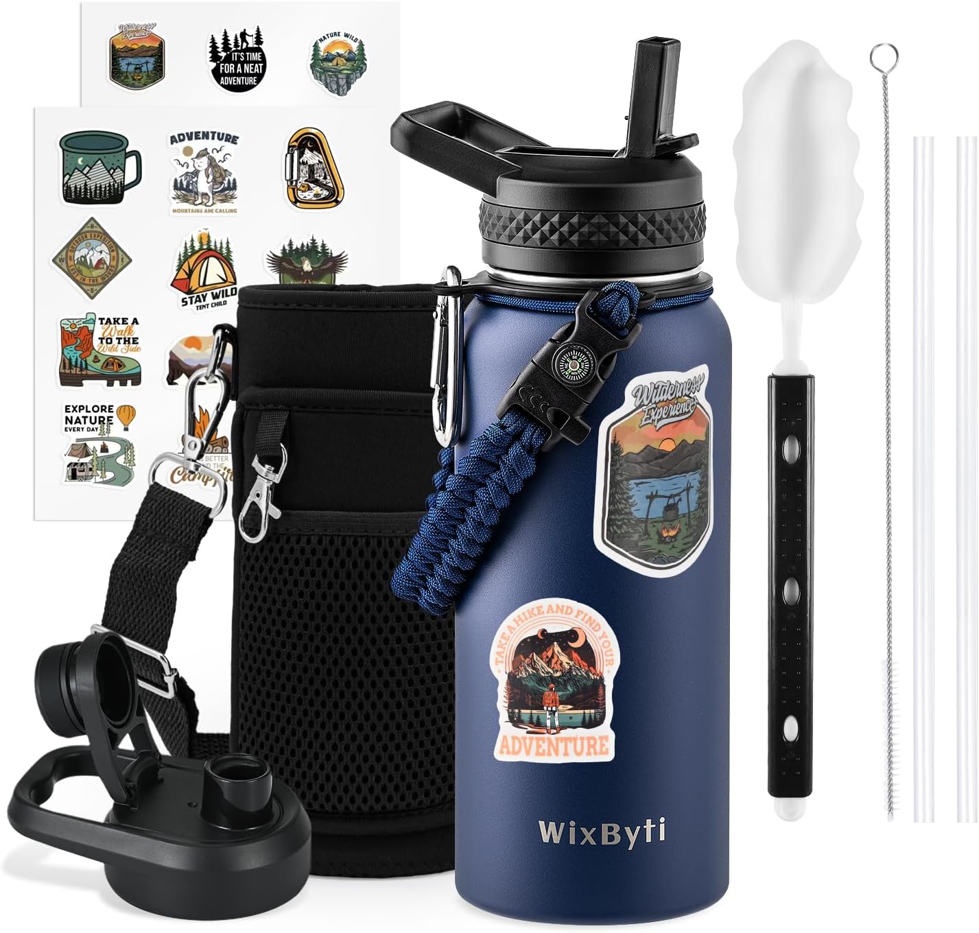 WixByti 40 oz Insulated Water Bottle with Straw (Cold for 36 Hrs), Stainless Steel Triple Wall Vacuum Sports Water Jug, Leakproof Hydro Cup Flask with Paracord Handle & Straw Spout Lids & DIY Stickers