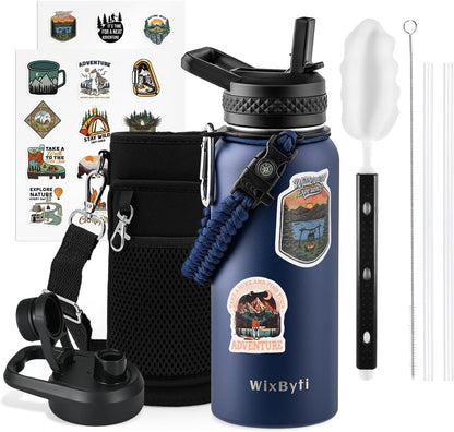 WixByti 40 oz Insulated Water Bottle with Straw (Cold for 36 Hrs), Stainless Steel Triple Wall Vacuum Sports Water Jug, Leakproof Hydro Cup Flask with Paracord Handle & Straw Spout Lids & DIY Stickers