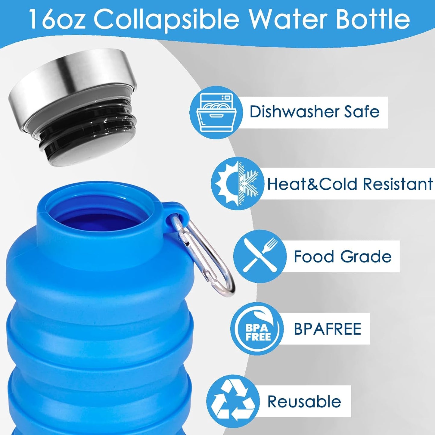 4 Pack Collapsible Water Bottles, 16oz Portable Reusable Silicone Water Bottle, Foldable Water Bottles for Travel Gym Camping Hiking, Leak Proof Sports Water Bottle with Carabiner (Bright Color)