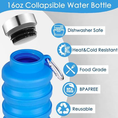 4 Pack Collapsible Water Bottles, 16oz Portable Reusable Silicone Water Bottle, Foldable Water Bottles for Travel Gym Camping Hiking, Leak Proof Sports Water Bottle with Carabiner (Bright Color)