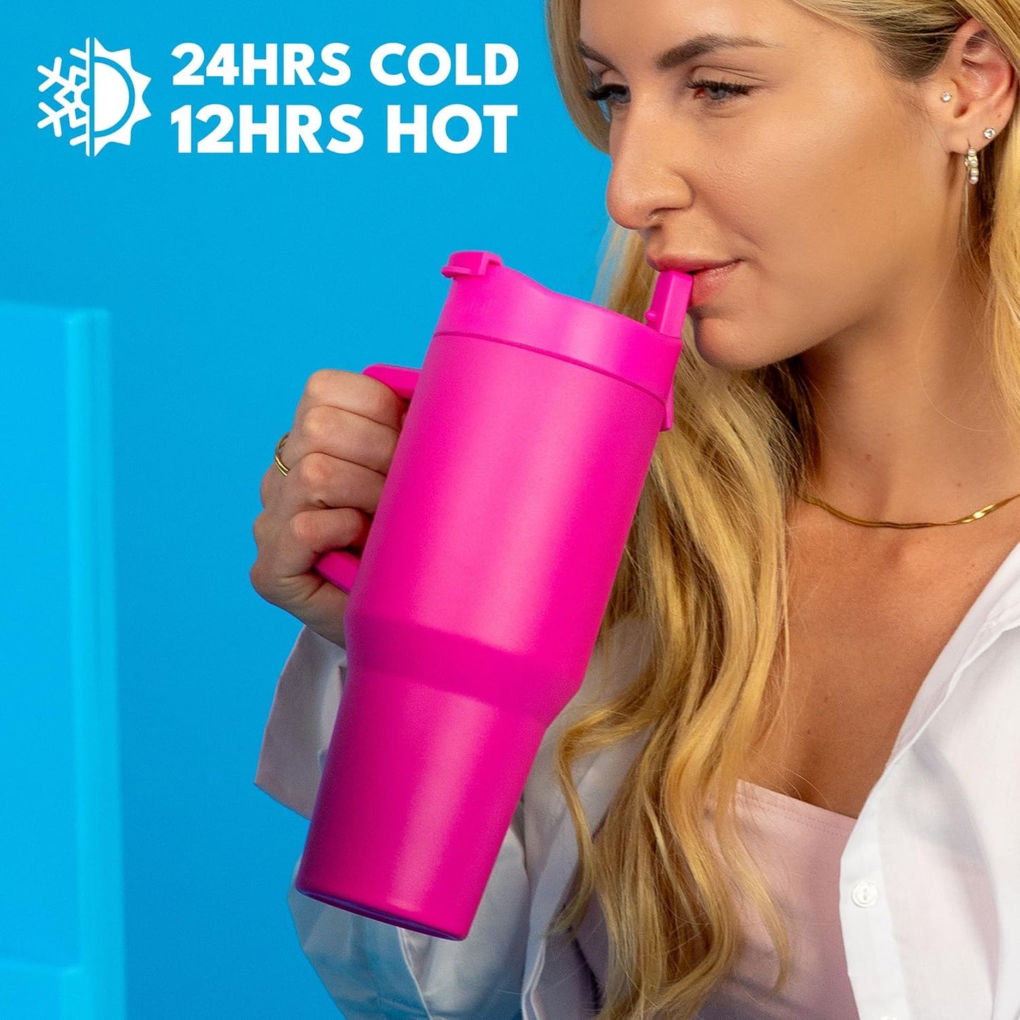 Elemental 32 oz 100% Leak Proof Tumbler with Handle & Straw - Stainless Steel Double Wall Insulated Tumbler for Hot and Cold Beverages - Travel Coffee Mug with Sip & Straw Lid - White - Colors A
