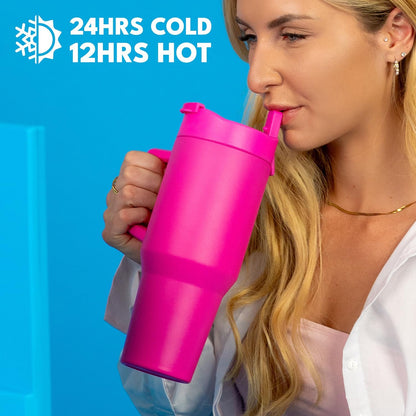 Elemental 32 oz 100% Leak Proof Tumbler with Handle & Straw - Stainless Steel Double Wall Insulated Tumbler for Hot and Cold Beverages - Travel Coffee Mug with Sip & Straw Lid - White - Colors A