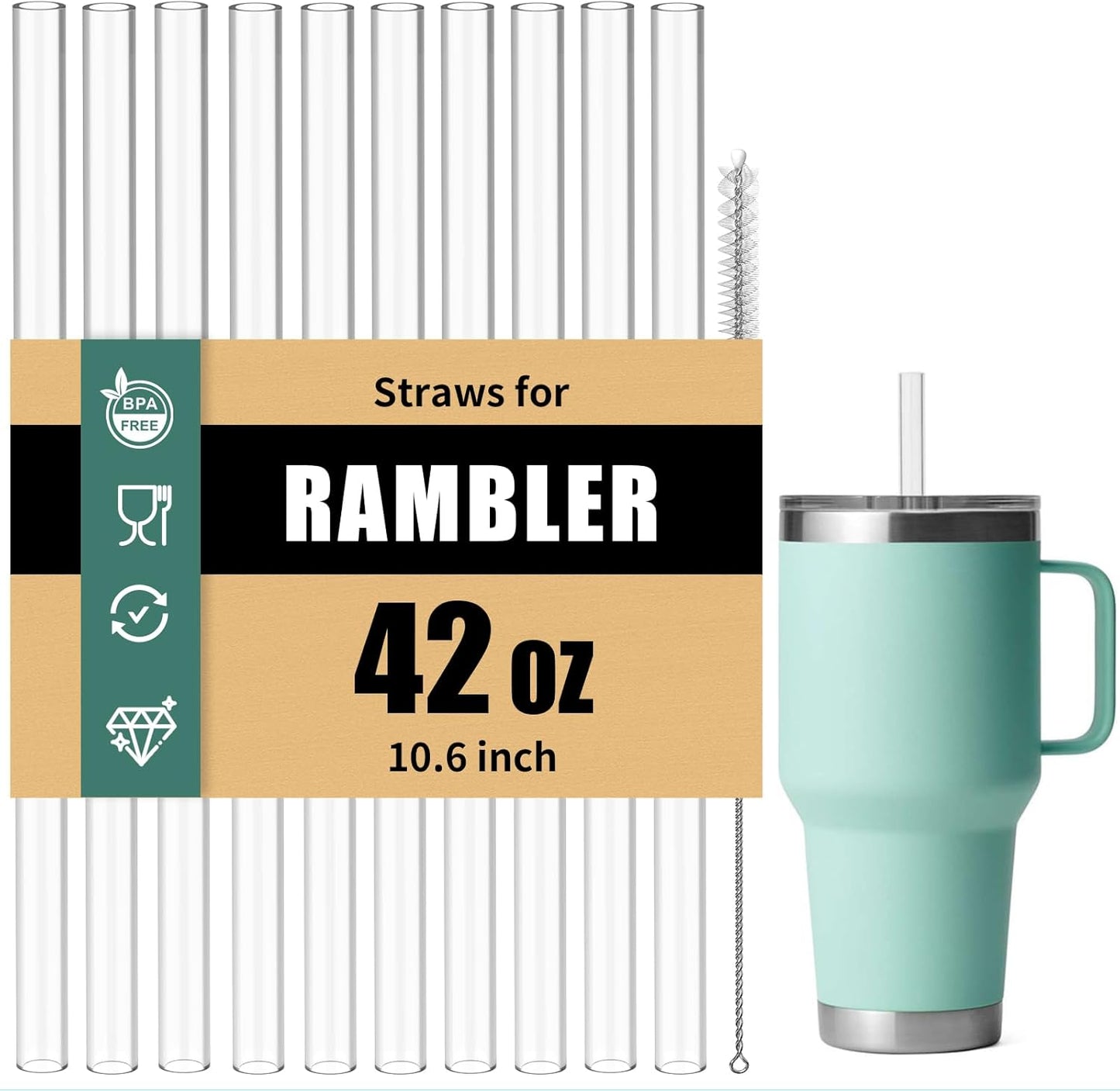 Straws for Yeti 35 oz Rambler Tumbler, 6Pcs 9.5 Inch Reusable Replacement Straws, BPA-Free Hard Plastic Accessories with 1 Cleaning Brush, Ideal for Smoothies, Milkshakes