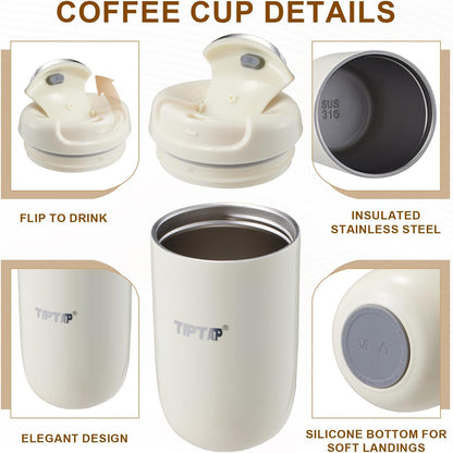 TIPTAP 12oz/350ml Stainless Steel Vacuum Insulated Tumbler, Coffee Travel Mug Spill Proof with Lid, Thermos Cup for Keep Hot/Ice Coffee, Chocolate, Tea and More (White)