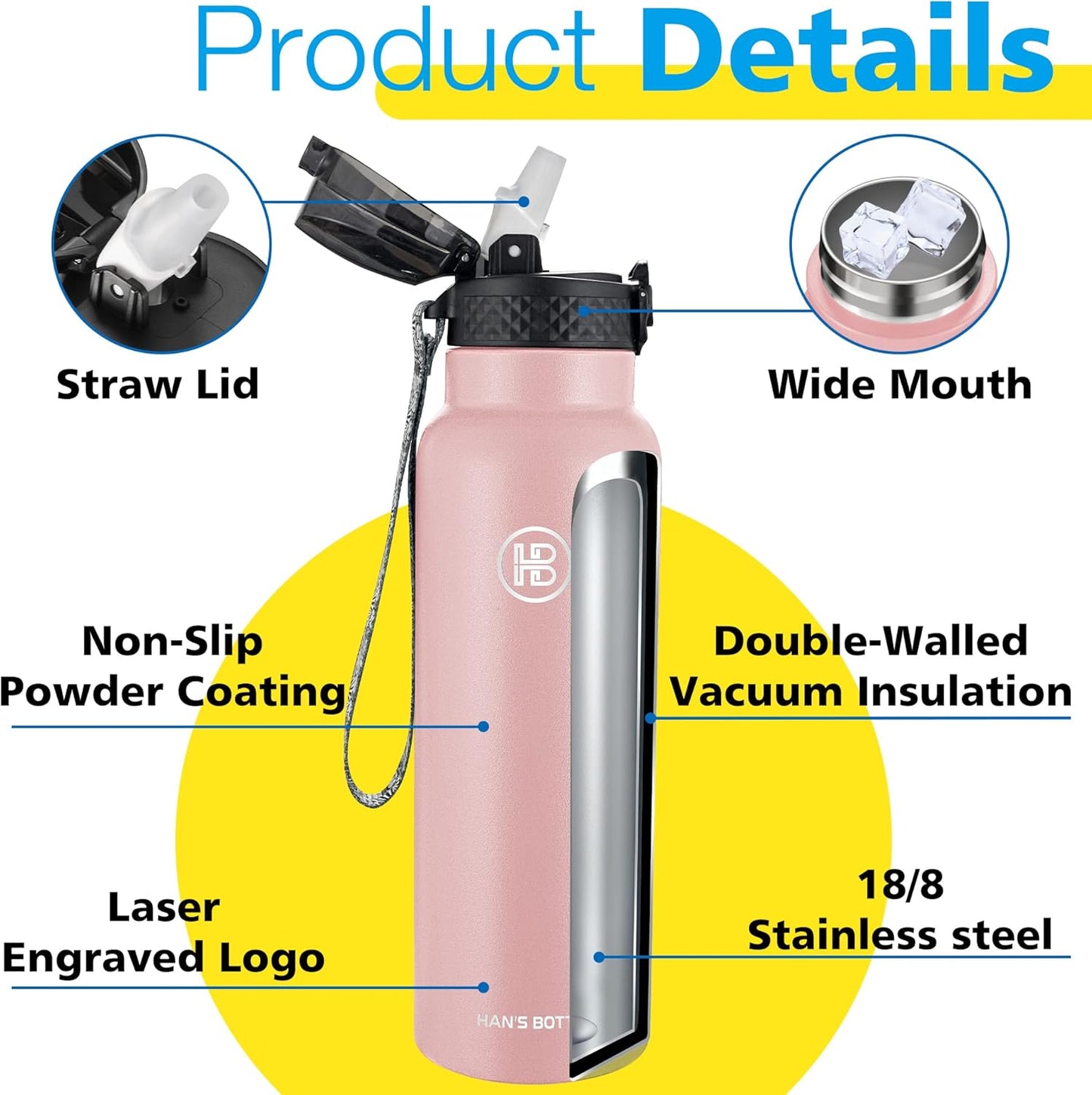 Han's Bottle Sports Water Bottle - 24 Oz, Straw Lid, Leak Proof, Vacuum Insulated Stainless Steel, Double Walled, Thermo Mug,Black