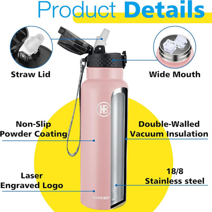 Han's Bottle Sports Water Bottle - 24 Oz, Straw Lid, Leak Proof, Vacuum Insulated Stainless Steel, Double Walled, Thermo Mug,Black