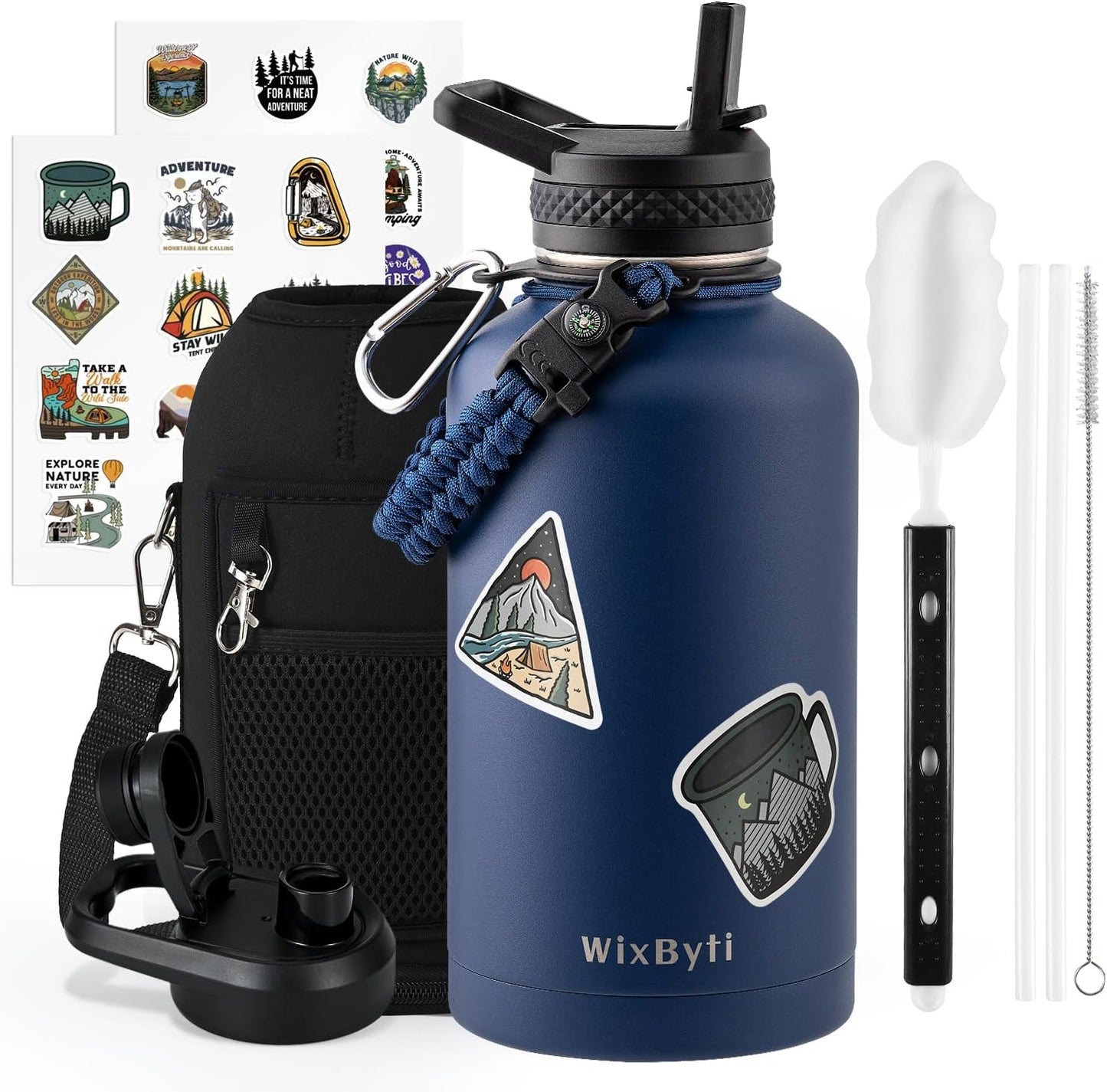 WixByti 40 oz Insulated Water Bottle with Straw (Cold for 36 Hrs), Stainless Steel Triple Wall Vacuum Sports Water Jug, Leakproof Hydro Cup Flask with Paracord Handle & Straw Spout Lids & DIY Stickers